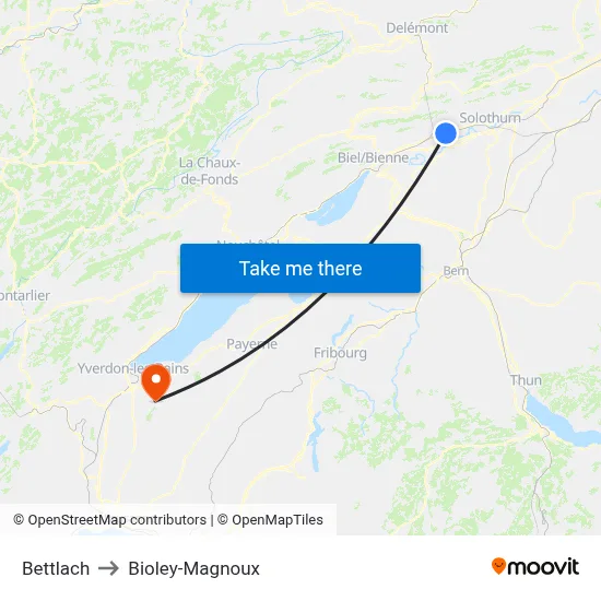 Bettlach to Bioley-Magnoux map