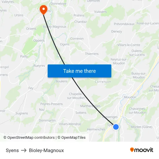Syens to Bioley-Magnoux map