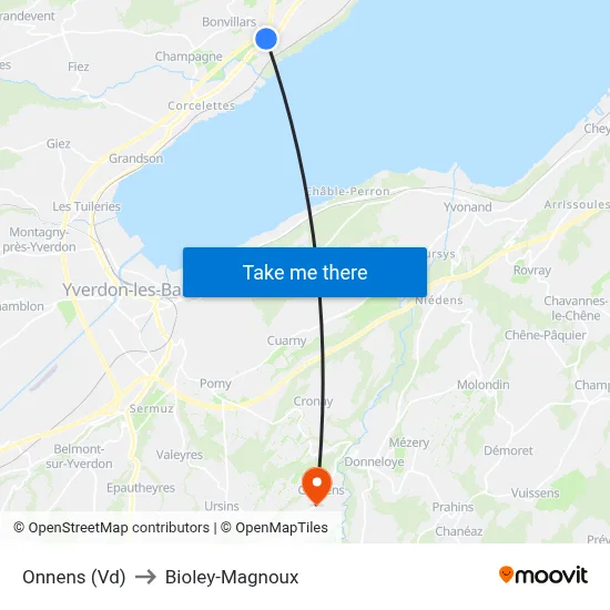 Onnens (Vd) to Bioley-Magnoux map