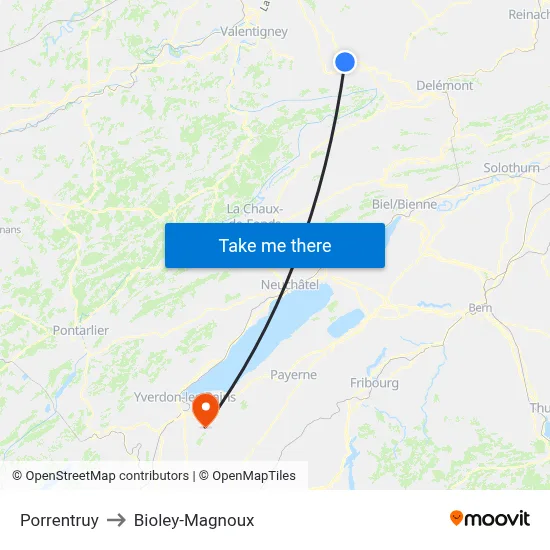 Porrentruy to Bioley-Magnoux map