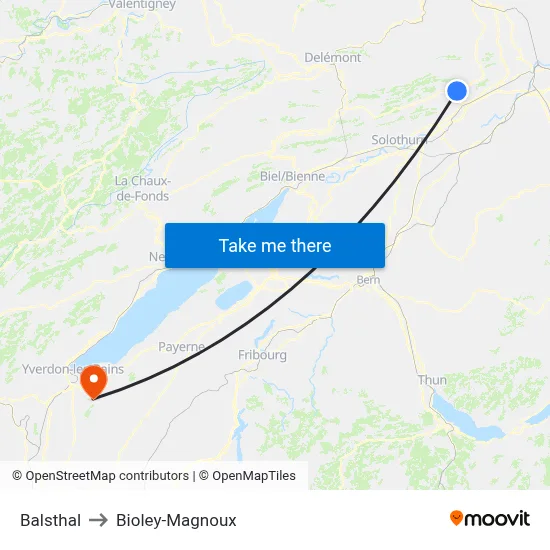 Balsthal to Bioley-Magnoux map