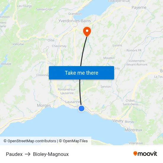 Paudex to Bioley-Magnoux map