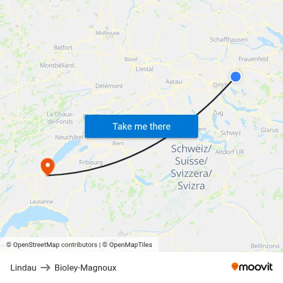 Lindau to Bioley-Magnoux map