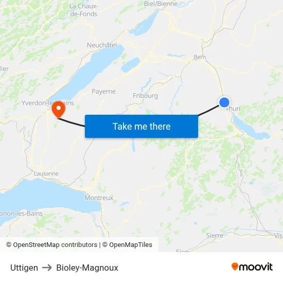 Uttigen to Bioley-Magnoux map