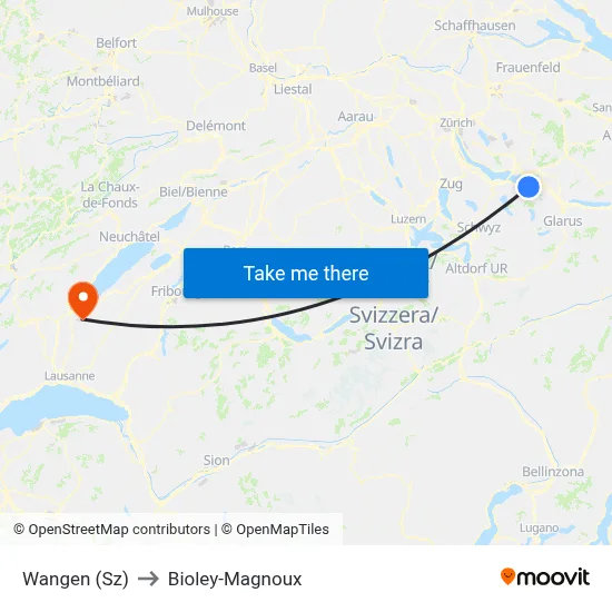 Wangen (Sz) to Bioley-Magnoux map