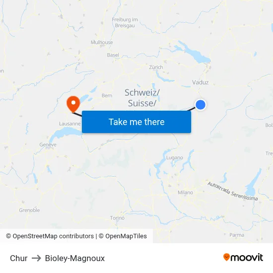 Chur to Bioley-Magnoux map