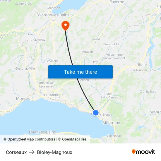 Corseaux to Bioley-Magnoux map