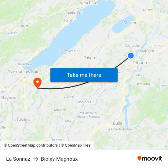 La Sonnaz to Bioley-Magnoux map