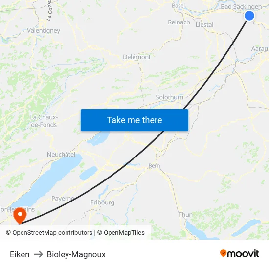 Eiken to Bioley-Magnoux map