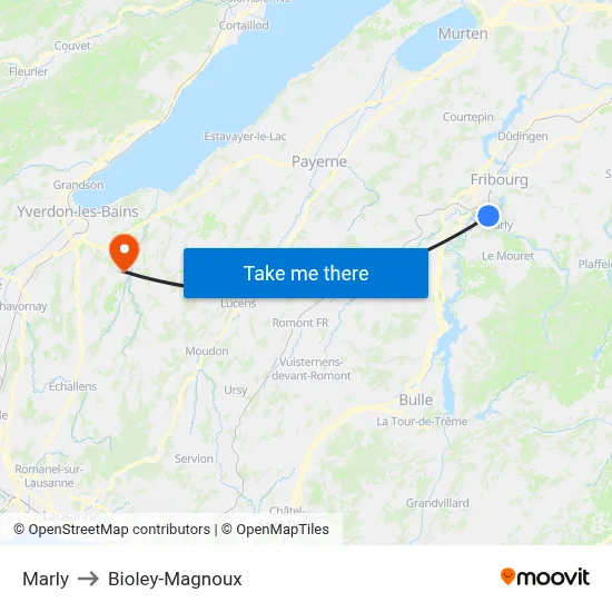 Marly to Bioley-Magnoux map