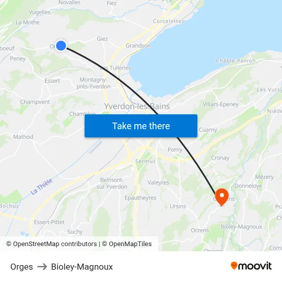 Orges to Bioley-Magnoux map