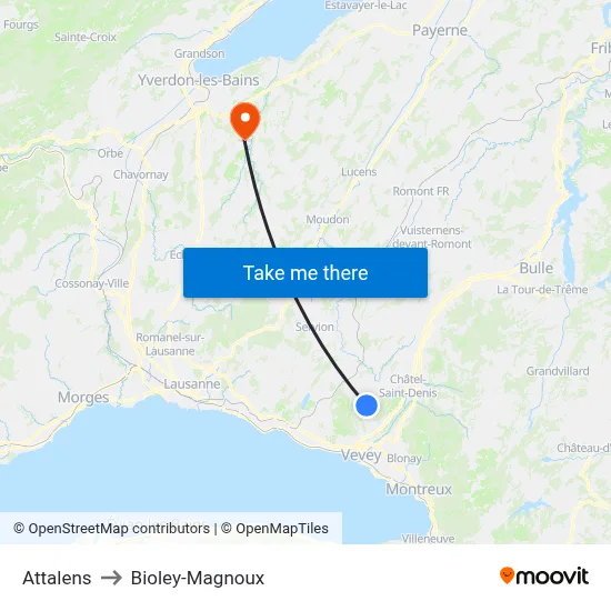 Attalens to Bioley-Magnoux map