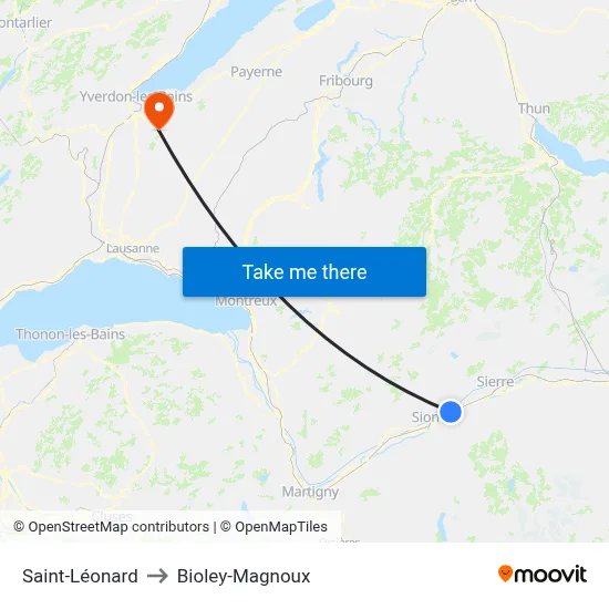 Saint-Léonard to Bioley-Magnoux map