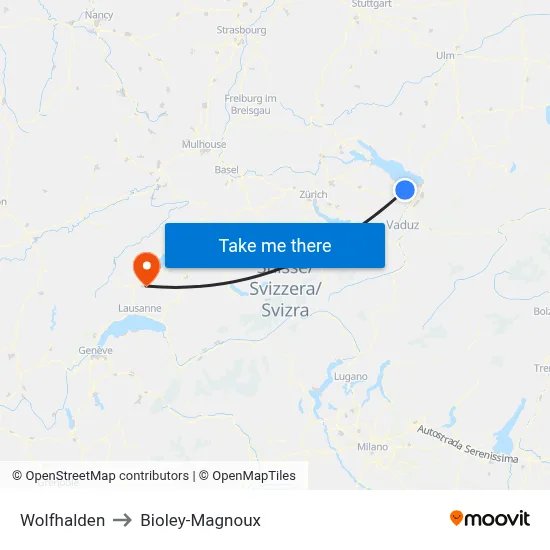 Wolfhalden to Bioley-Magnoux map