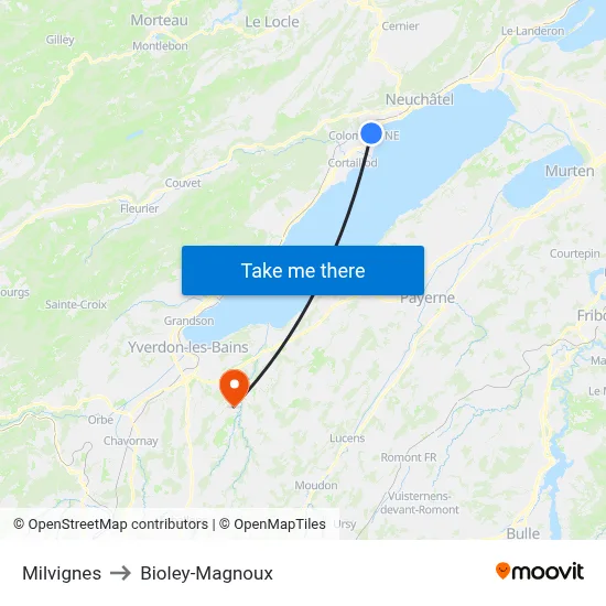 Milvignes to Bioley-Magnoux map