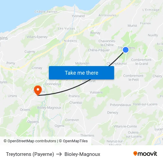 Treytorrens (Payerne) to Bioley-Magnoux map