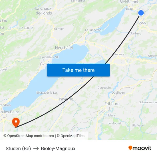 Studen (Be) to Bioley-Magnoux map