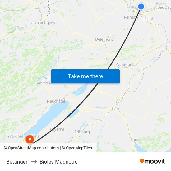 Bettingen to Bioley-Magnoux map