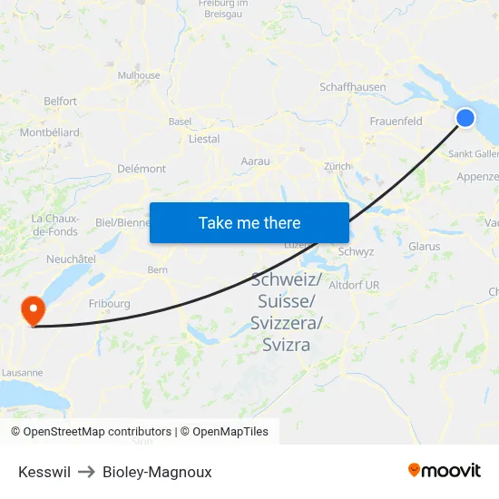 Kesswil to Bioley-Magnoux map