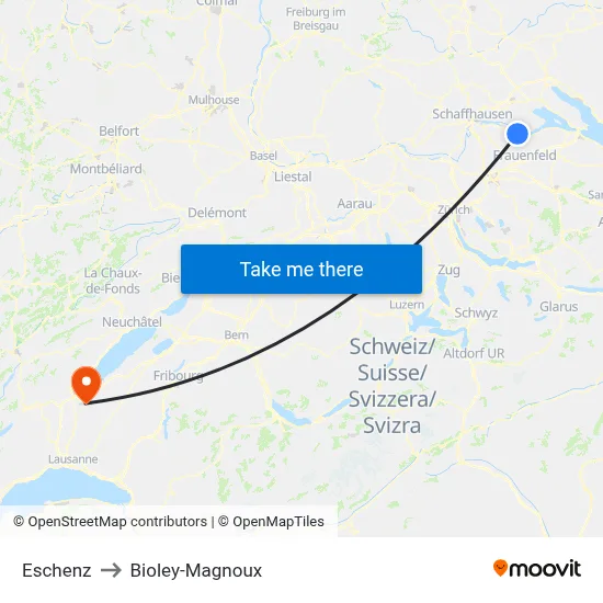 Eschenz to Bioley-Magnoux map