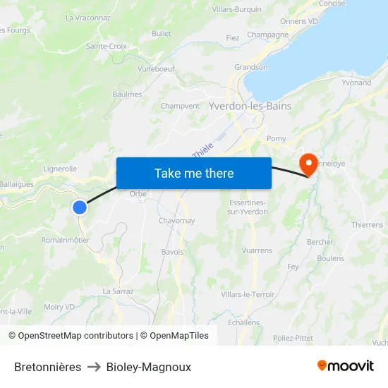 Bretonnières to Bioley-Magnoux map