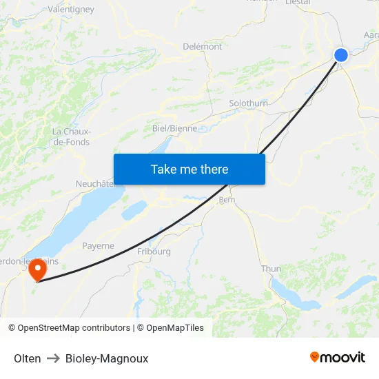 Olten to Bioley-Magnoux map