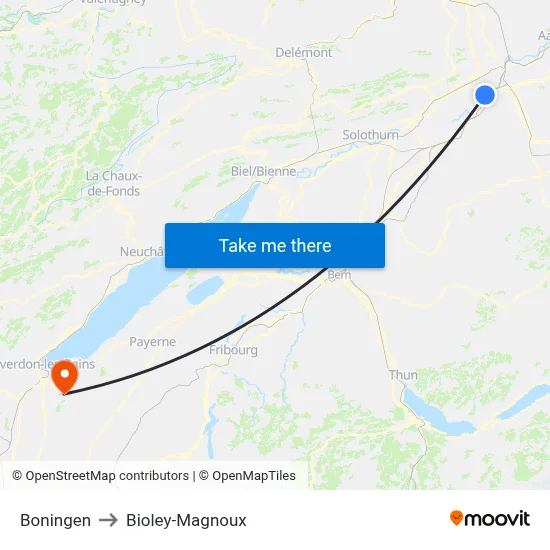 Boningen to Bioley-Magnoux map