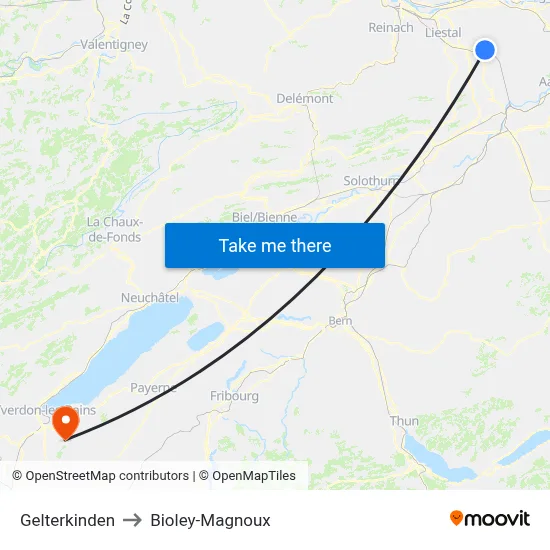 Gelterkinden to Bioley-Magnoux map