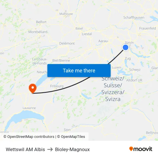 Wettswil AM Albis to Bioley-Magnoux map