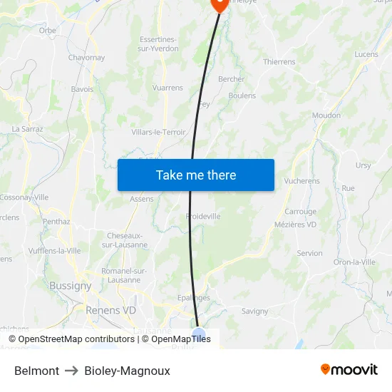 Belmont to Bioley-Magnoux map