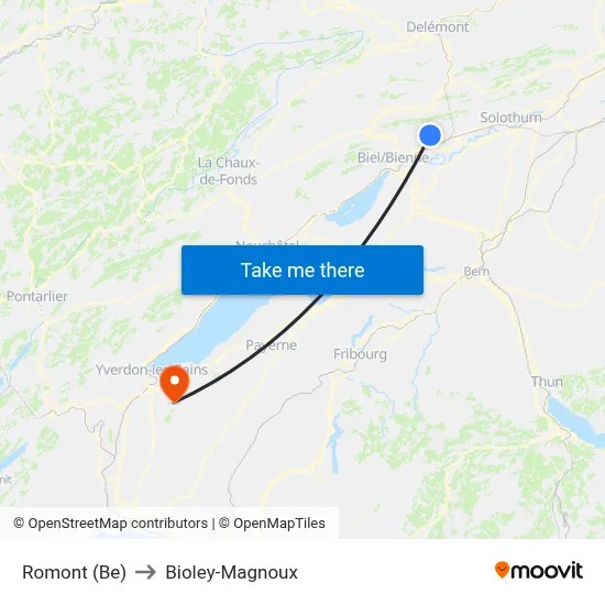 Romont (Be) to Bioley-Magnoux map