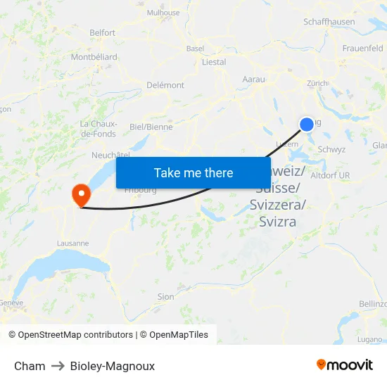 Cham to Bioley-Magnoux map