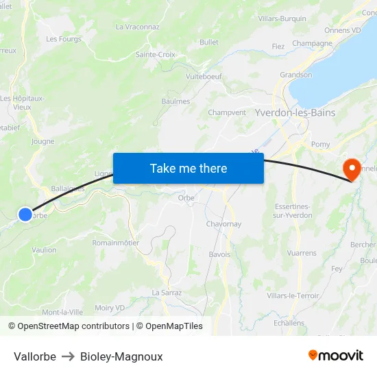 Vallorbe to Bioley-Magnoux map