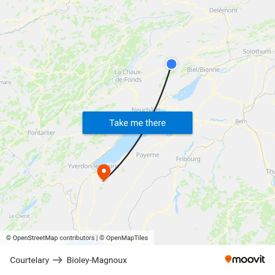 Courtelary to Bioley-Magnoux map