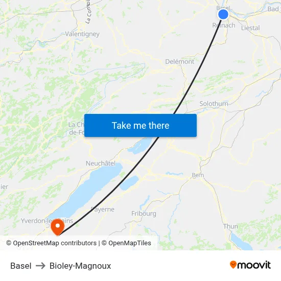 Basel to Bioley-Magnoux map
