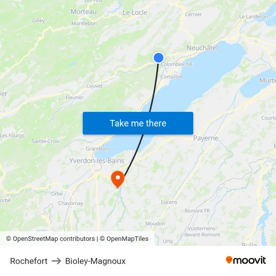 Rochefort to Bioley-Magnoux map