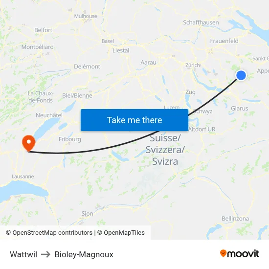 Wattwil to Bioley-Magnoux map
