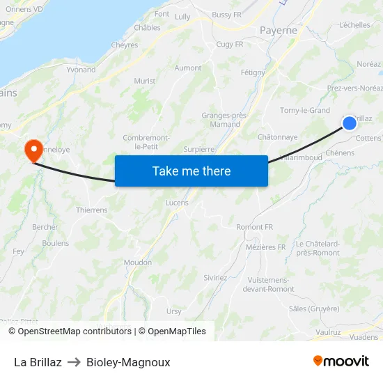 La Brillaz to Bioley-Magnoux map