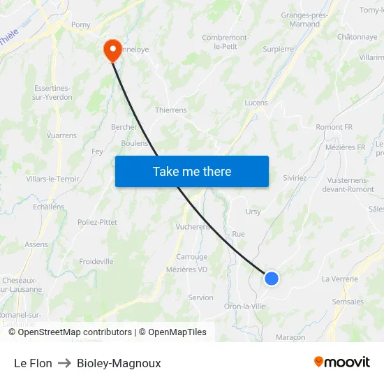 Le Flon to Bioley-Magnoux map