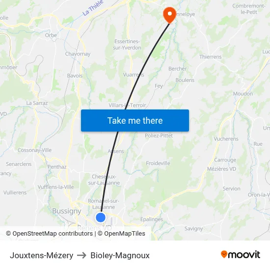 Jouxtens-Mézery to Bioley-Magnoux map