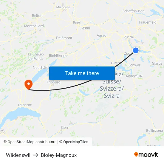 Wädenswil to Bioley-Magnoux map