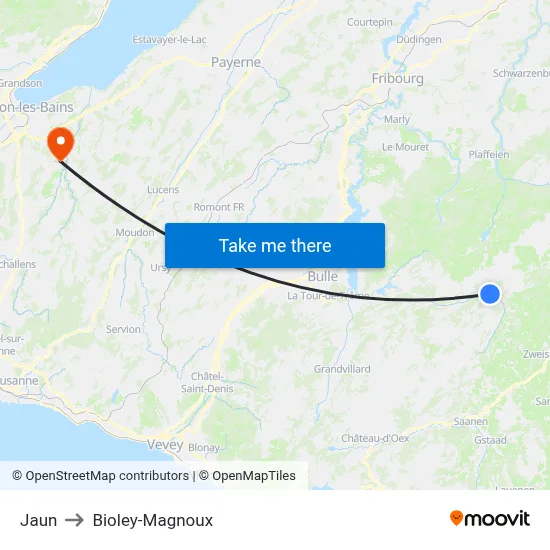 Jaun to Bioley-Magnoux map