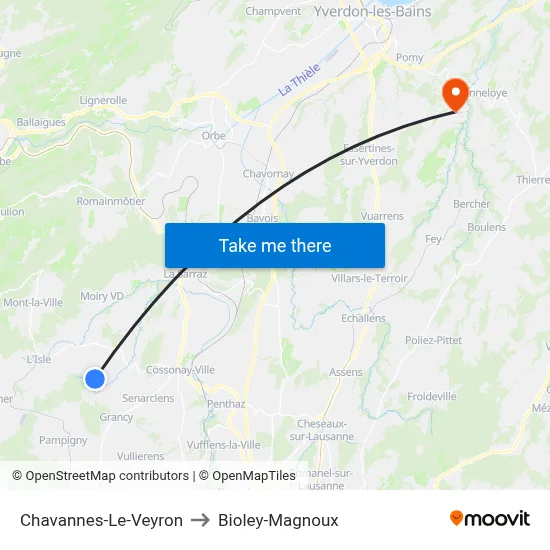 Chavannes-Le-Veyron to Bioley-Magnoux map