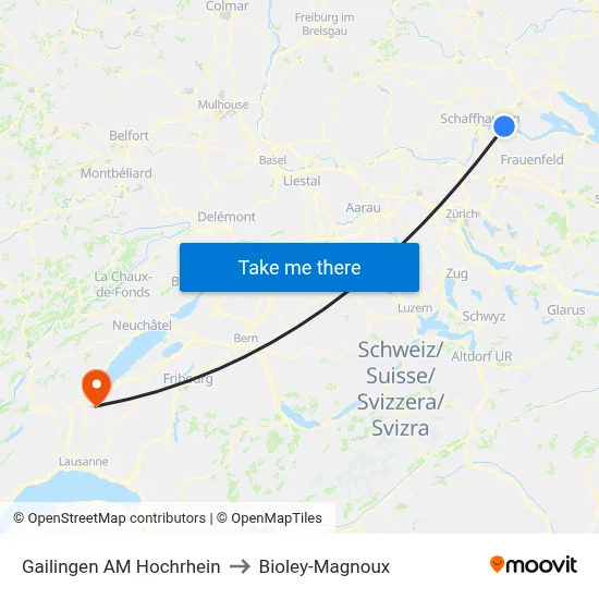 Gailingen AM Hochrhein to Bioley-Magnoux map