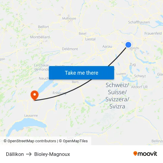 Dällikon to Bioley-Magnoux map