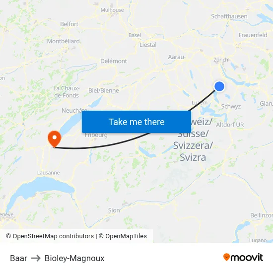 Baar to Bioley-Magnoux map