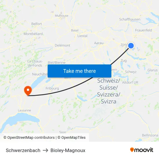 Schwerzenbach to Bioley-Magnoux map