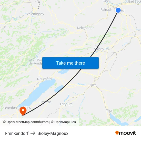 Frenkendorf to Bioley-Magnoux map