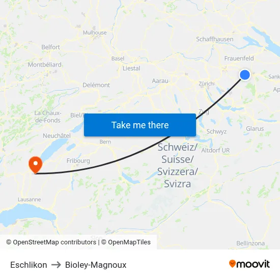 Eschlikon to Bioley-Magnoux map