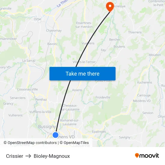 Crissier to Bioley-Magnoux map